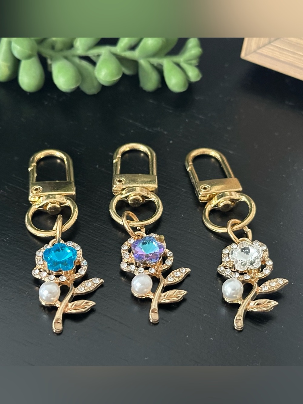 Gold Toned Rhinestone Flower Bag Charm / Zipper (Pick 1)